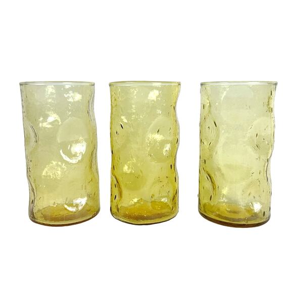 Amber Bubble Thumbprint Textured Vintage 1960's Glasses Set of 3-RARE! - Picture 1 of 8
